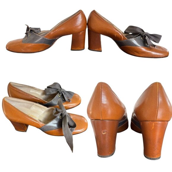 VINTAGE 90'S‎ Y2K LACE UP LEATHER COUTURIER BLOCK HEELS SZ. 7 1/2 - Picture 4 of 5